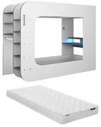 Łóżko gamingowe na antresoli 90 x 200 cm - Z biurkiem i miejscami do przechowywania - Z oświetleniem LED - Białe i antracytowe + Materac - WARRIOR