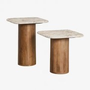 Zestaw 2 Kwadratowych Stolików Kawowych 40x40 Cm Z Marmuru I Drewna Mango Merieines Ciemny Drewniany Uchwyt - Sklum