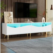 Stojak pod TV 180 cm, biała szafka RTV z 4 szufladami, oświetleniem LED i złotymi metalowymi nóżkami