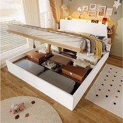 Łóżko hydrauliczne ze schowkiem - 140 x 200 cm - z USB + LED + zagłówek ze schowkiem - drewno - białe i naturalne