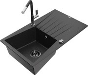 Mexen Cesar zlewozmywak granitowy 1-komorowy z ociekaczem i baterią kuchenną Flora, czarny/srebrny metalik - 6514-73-670401-07-B