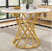 Stół jadalny 4-osobowy - 80 x 80 x 76cm - okrągły stół z nogami metalowymi w kolorze złotym - blat z płyty MDF marmurkowej - płyta MDF + metal - biały