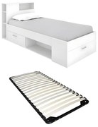 Łóżko z zagłówkiem,  ze skrzynią i szufladą - 90 x 190 cm - białe + stelaż - LEANDRE