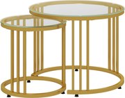 HOMCOM Zestaw 2 Stolików, Stoliki Pomocnicze, Stal Węglowa, Blat Ze Szkła Hartowanego, Ø60x47/Ø40x42 cm, Złoty