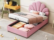 Łóżko z tapicerowanym welurowym zagłówkiem - 90x200cm - zagłówek w kształcie kwiatu - z stelażem na listwy - Różowe
