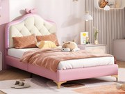 Łóżko dziecięce tapicerowane z kolorowym LED i kokardą na głowie - ze skaju - 90x200cm - z stelażem na listwach - Różowe
