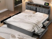 Łóżko małżeńskie 140 x 200 cm z 4 szufladami i gniazdem USB C - regulowany zagłówek - szare
