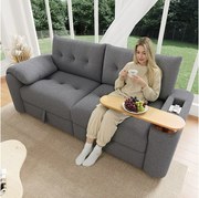 Nowoczesna sofa 2-osobowa - 207,5 x 80 x 87 cm - ze schowkiem + zagłówkiem + wbudowanym stolikiem bocznym - welur - szary