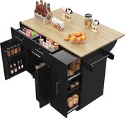 Mobilna wyspa kuchenna z 2 drzwiami, 3 szufladami i wieszakiem na ręczniki - Rozkładany blat - 134,5 x 46/74 x 90,5 cm - MDF - Czarny