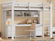 Łóżko mezzanine 90x200cm - z biurkiem i 2 komodami - z litego sosnowego drewna i MDF - Białe