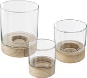 Komplet świeczników ze szkła Ete z drewnianymi podstawkami, 3 sztuki