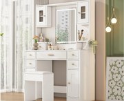 Toaletka z lustrem 152×40×105 cm - z taboretem - z regulowanym oświetleniem LED i gniazdkiem - z 6 szufladami i 4 drzwiami - biała