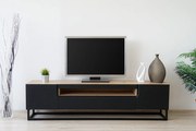Szafka RTV Loftia 200 cm z wnęką i metalowym stelażem - artisan / czarny mat