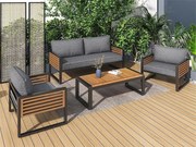 Zestaw mebli ogrodowych z żelaza dla 4 osób - 1 kanapa, 2 fotele i 1 stolik kawowy - dekorowany drewnem akacjowym - szary