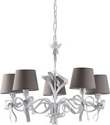 Lucy - biały lakierowany żyrandol z żelaza, dekor shabby chic, klosze PVC w kolorze gołębioszarym Ø16 cm, elegancki styl, 5 świateł