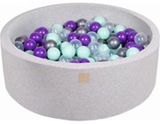 Okrągły Suchy Basen Z Piłeczkami 7cm Dla Dziecka, 90x30cm/200 Piłek, Bawełniany, Jasnoszary, Piłki: Miętowe, Transparentne, Srebrne, Fioletowe - Meowbaby®
