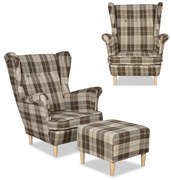 Fotel uszak Winston z podnóżkiem pufą Family Meble krata brązowo - beżowa