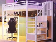 Łóżko na antresoli z metalu 90x200 cm - z oświetleniem LED i gniazdkiem do ładowania - zawiera drabinę z pojemnikami - z półkami i biurkiem - biały