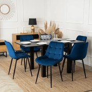 Zestaw Stół Rozkładany Kwadratowy MAX 80-160 cm Czarny i 6 Krzeseł Tapicerowanych CHRIS Granatowe Nowoczesne Loft