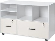 Ruchomy Regał na Dokumenty SucceBuy z Drewna, Mebel Biurowy z 2 Szufladami, Otwartymi i Regulowanymi Półkami, Zamykany na Klucz, do Biura, Biały