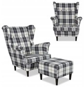 Fotel uszak Winston z podnóżkiem pufą Family Meble krata granatowo - biała