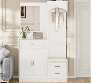 Zestaw na ubrania do przedpokoju 110x33x185,5 cm - 3 drzwi i 1 szuflada - Szafa na buty i ławka butowa - z lustrem - Biały