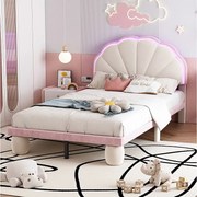 Łóżko dziecięce 90x200cm - z zagłówkiem, oświetleniem LED, stelażem - aksamitne - beżowo-różowe - bez materaca