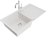 Mexen Leo zlewozmywak granitowy 1-komorowy z ociekaczem i baterią kuchenną Carla, biały - 6501-20-670700-00