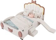 Łóżko dziecięce 140 x 200 cm ze zjeżdżalnią i schodami, tapicerowane skórą ekologiczną, diody LED, stelaż z listew, kolor różowo-biały