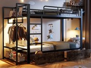 Łóżko piętrowe 90 x 200 cm - Konstrukcja metalowa - 2 szuflady - Kilka półek - Oświetlenie LED - Wieszak na ubrania - czarny (materac nie jest wliczony w cenę)