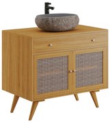 Szafka łazienkowa z jasnego drewna tekowego z plecionką i umywalką kamienną - 90 cm - MANSULAN