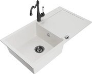 Mexen Leo zlewozmywak granitowy 1-komorowy z ociekaczem i baterią kuchenną Carla, biały - 6501-20-670700-70