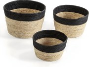 Zestaw trzech koszyków Colummn Nati z naturalnego włókna i papieru, czarno-beżowy.