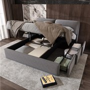 Łóżko tapicerowane z pojemnikiem - 160 x 200 cm - ze stelażem hydraulicznym + 3 szuflady + zagłówek - welur - szary