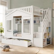 Łóżko piętrowe dziecięce 90x200 cm - schody z pojemnikiem - z 2 szufladami i otwartymi półkami - Drewno lite + MDF - Biały (bez materaca)