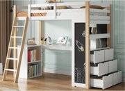 Łóżko na antresoli 90x200 cm - Z biurkiem i półkami - Z szufladami i tablicą kredową - Biały