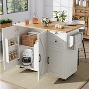 Wózek kuchenny ze składanym blatem, 3 drzwi i 2 szuflady, biały - do salonu i jadalni