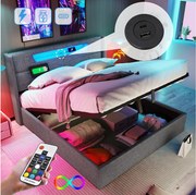 Łóżko tapicerowane z pojemnikiem - 160 x 200 cm - z diodami LED + USB typu C + zagłówek + stelaż - len - szary