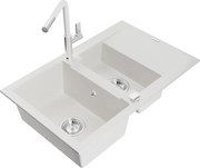 Mexen Gaspar zlewozmywak granitowy 1,5-komorowy z ociekaczem i baterią kuchenną Flora, biały - 6507-20-670401-02