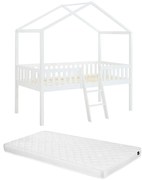 Półwysokie łóżko w formie domku 90 x 190 cm z materacem – biała sosna – NALENY