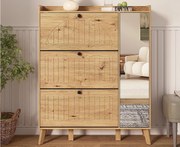 Nowoczesna szafa na buty 110×24×137,5 cm - z 3 frontami odchylanymi - z lustrem - Nogi z litego drewna - Kolor naturalny