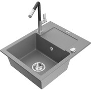 Mexen Enzo zlewozmywak granitowy 1-komorowy z ociekaczem i baterią kuchenną Flora, szary - 6506-71-670401-07