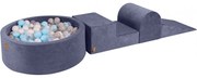 Piankowy Zestaw Do Zabawy Z Suchym Basenem 90x30cm/200 Piłek 7cm, Plac Zabaw Dla Dziecka, 4 Elementy, Welurowy, Szaroniebieski, Piłki: Błękitne, Szare, Białe, Transparentne - Meowbaby®