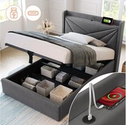 Łóżko ze schowkiem 90 x 200 cm z zagłówkiem - USB + typ C - tkanina lniana - szare