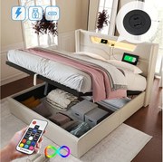 Łóżko dla dorosłych ze schowkiem 140 x 200 cm z zagłówkiem - USB + Typ C + LED - tkanina lniana - beż