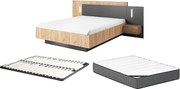 Łóżko z szafkami nocnymi 160 x 200 cm - 2 szuflady - Z oświetleniem LED - Kolor: Naturalny i antracyt + stelaż + materac - FRANCOLI