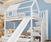 Łóżko piętrowe 90x200cm z drewna i MDF - z zjeżdżalnią i schodami do przechowywania - duża szuflada pod łóżkiem - Białe