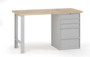 Stół warsztatowy G7, blat bukowy, 1500 x 685 x 840 mm, 1x kontener, 5x szuflada, szary