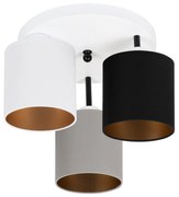 Lampa sufitowa biała trzypunktowa z szaro-czarno-białymi abażurami C-3