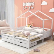 Łóżko kabinowe 2 x 90 x 200 cm z 2 szufladami - Drewno sosnowe i płyta MDF - Barierki i dno listwowe - białe